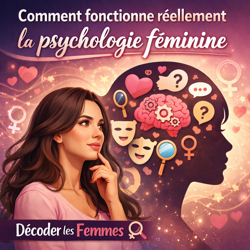 Illustration représentant la psychologie féminine avec une femme réfléchissant et un cerveau symbolisant les émotions, les pensées et la compréhension du fonctionnement féminin.