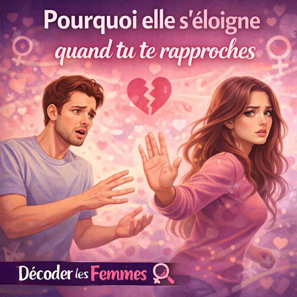 Femme qui repousse un homme lorsqu’il cherche à se rapprocher, illustrant une prise de distance émotionnelle dans une relation amoureuse