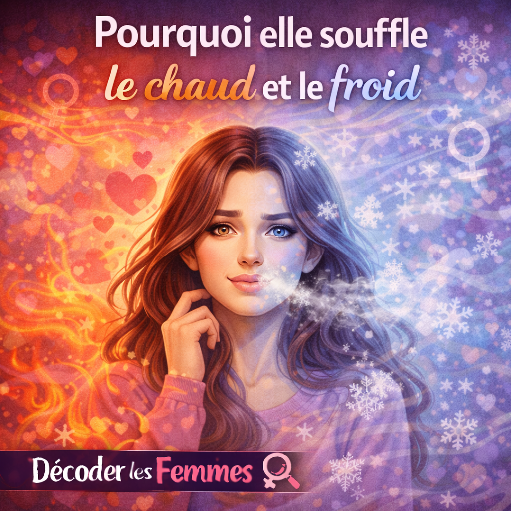 Femme illustrant un comportement chaud et froid en amour, symbolisé par une moitié chaude et une moitié froide représentant l’instabilité émotionnelle