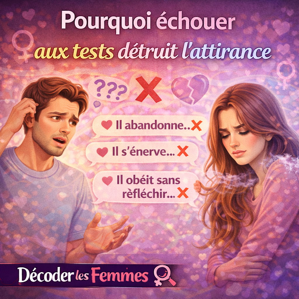 Homme échouant aux tests relationnels face à une femme déçue, illustrant la perte d’attirance causée par de mauvaises réactions émotionnelles