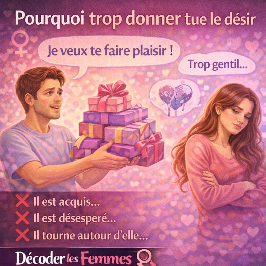 Homme qui donne excessivement de l’attention et des cadeaux face à une femme désintéressée, illustrant la perte de désir causée par un investissement excessif
