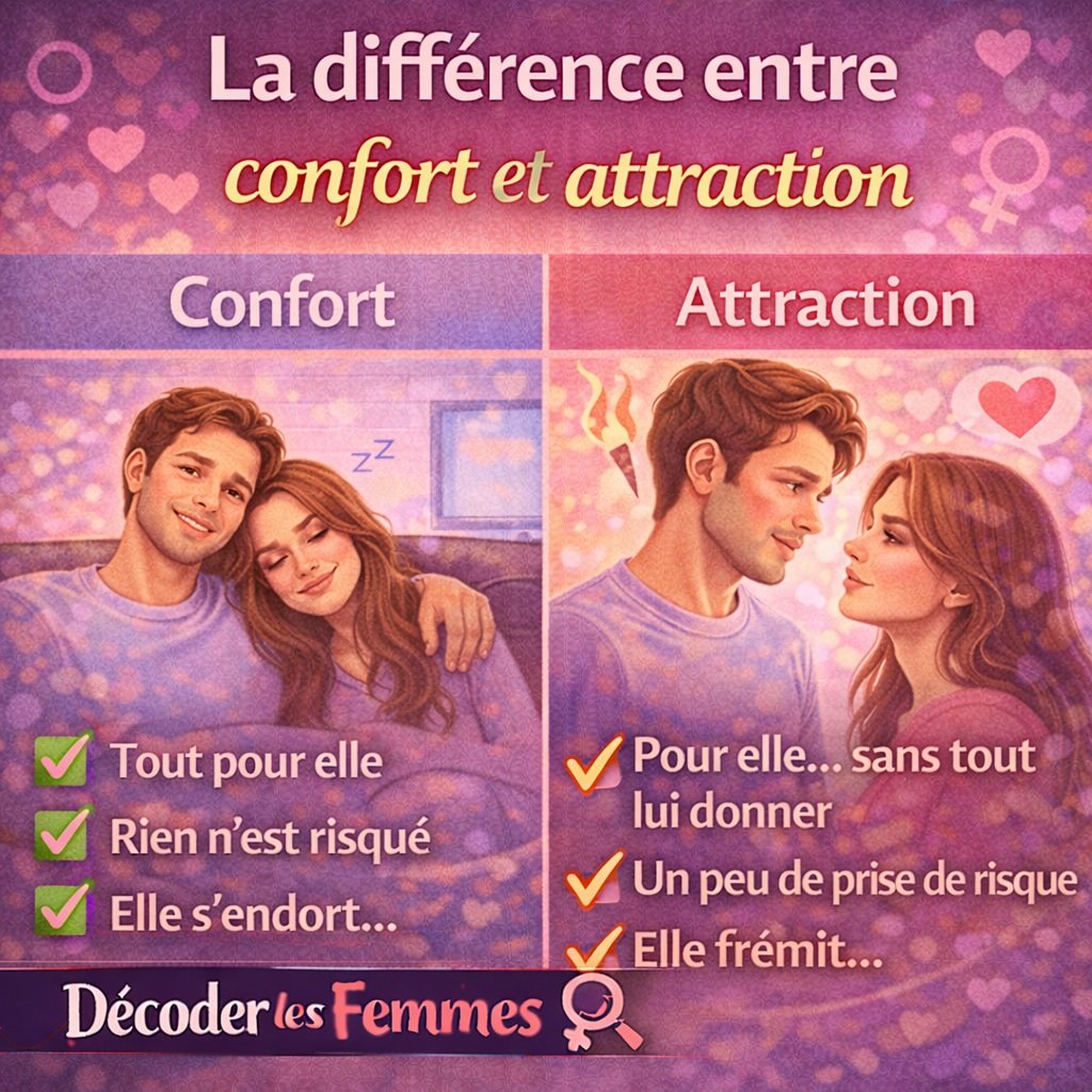 Comparaison entre confort et attraction dans une relation, montrant un couple en situation de sécurité affective versus une dynamique de désir et de tension émotionnelle