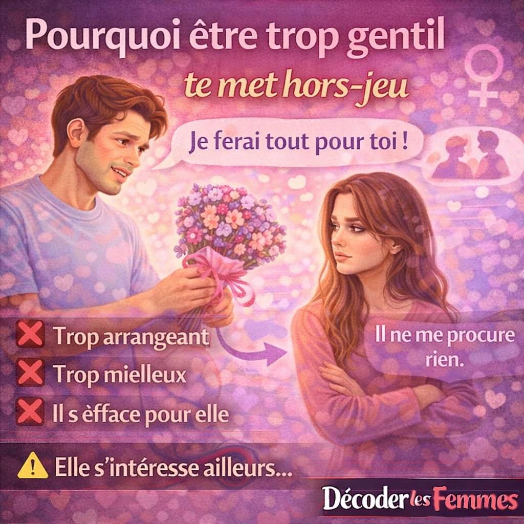 Homme trop gentil offrant des fleurs à une femme désintéressée, illustrant comment l’excès de gentillesse peut faire perdre l’attirance