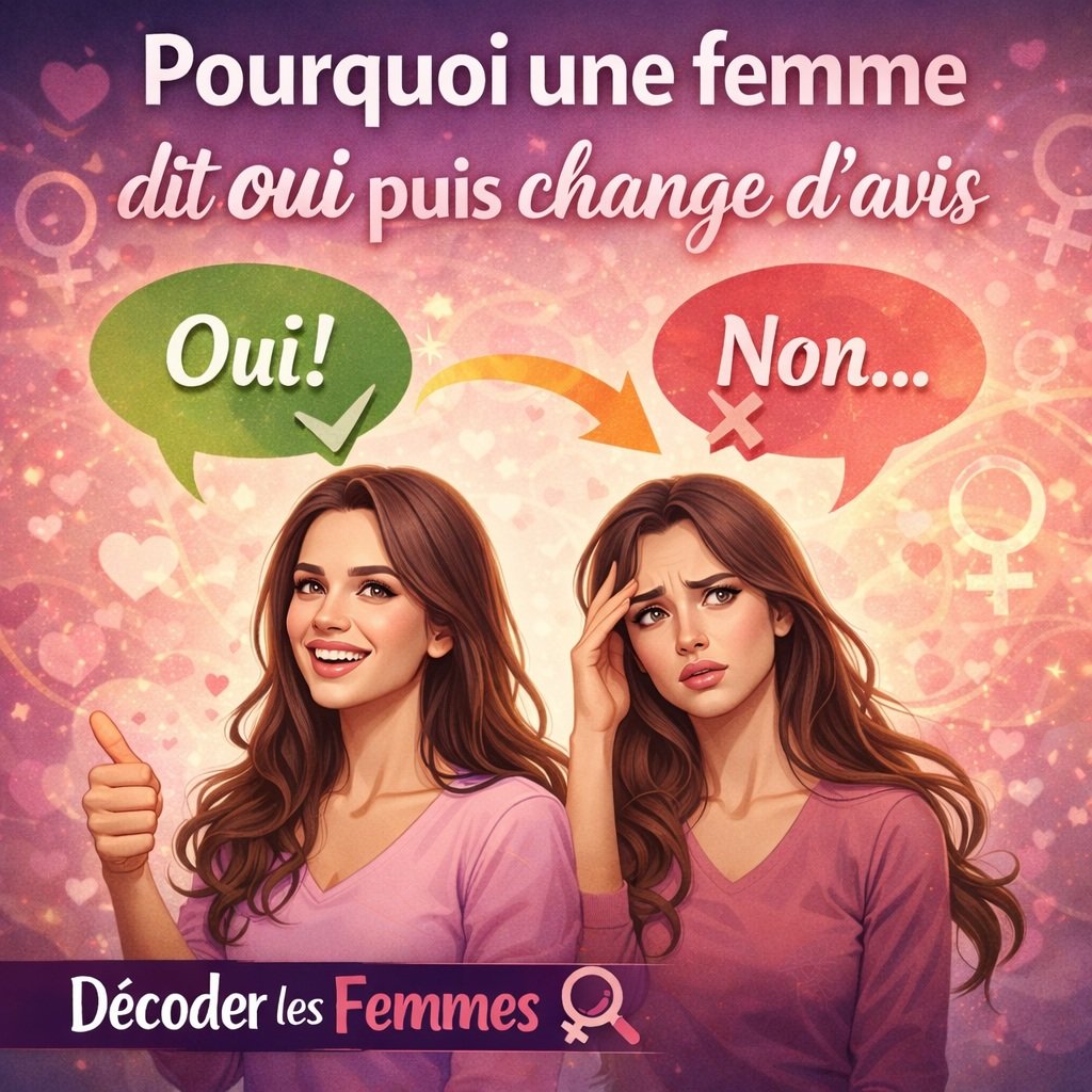 Illustration montrant une femme qui dit oui puis change d’avis, représentant le mécanisme émotionnel féminin.