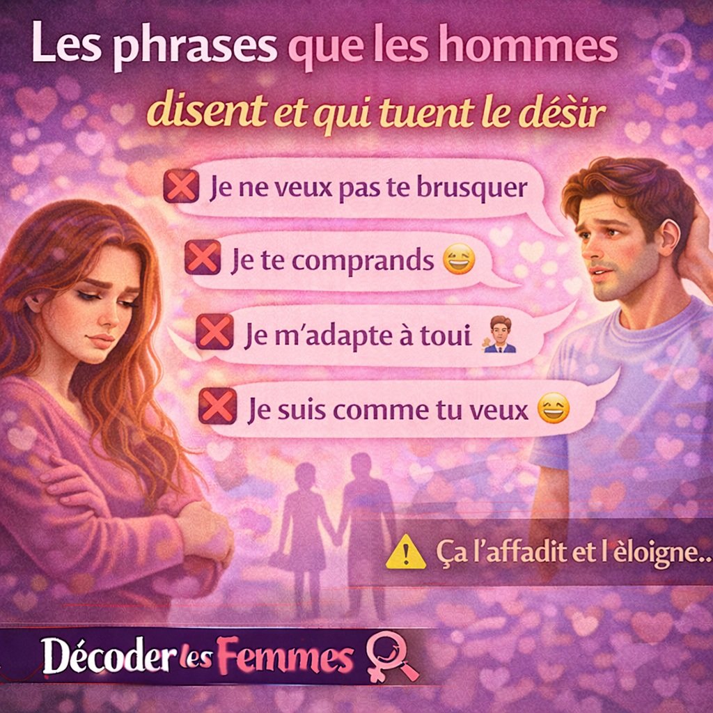 Illustration montrant un homme utilisant des phrases trop accommodantes face à une femme distante, ce qui diminue le désir et l’attirance