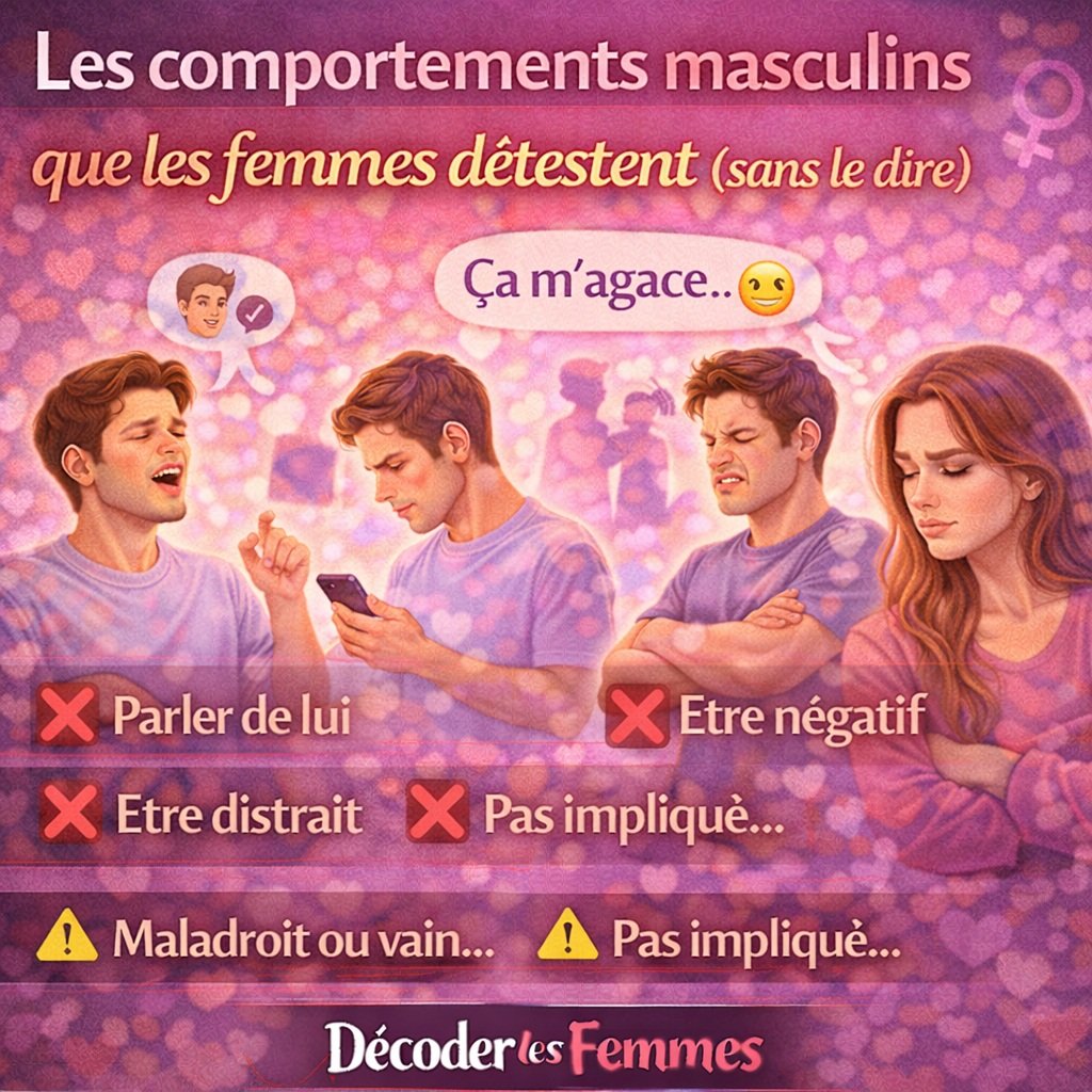 Illustration montrant des comportements masculins comme la distraction, la négativité et le manque d’implication qui agacent les femmes sans qu’elles le disent