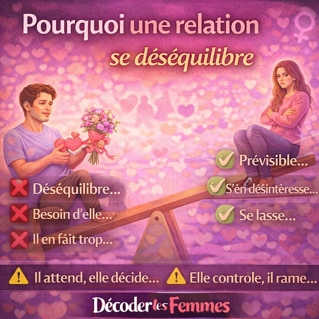 Illustration montrant une relation déséquilibrée où l’homme donne trop, devient prévisible et perd l’équilibre d’attirance dans le couple