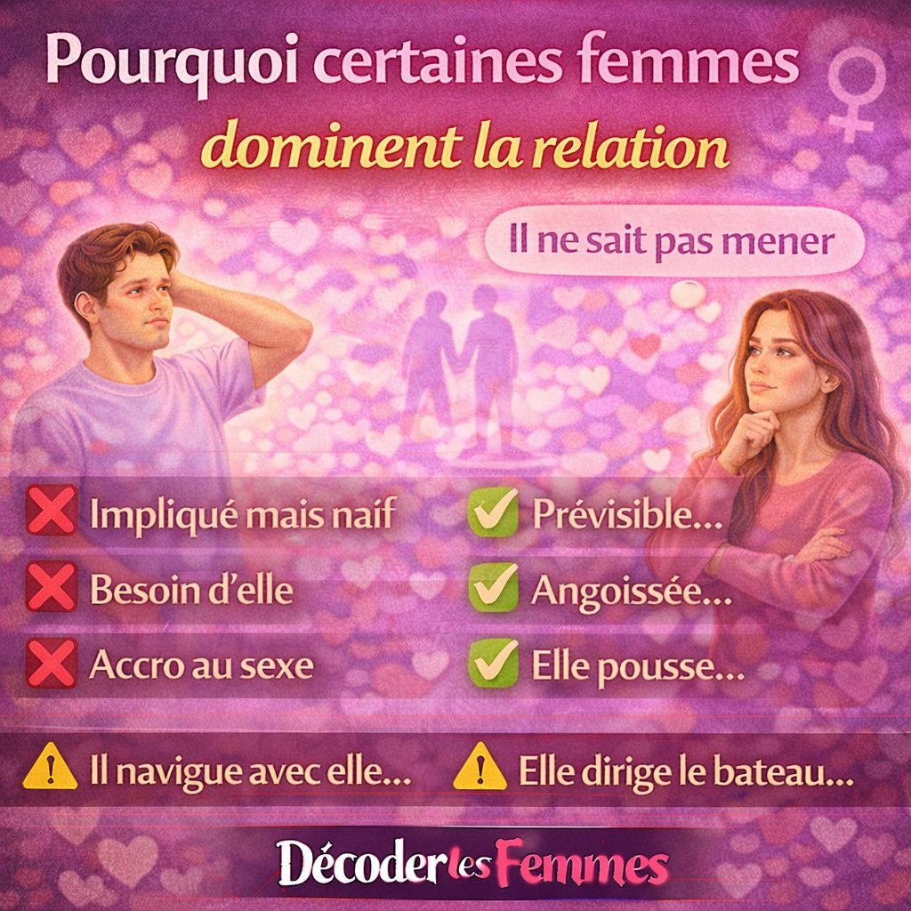 Illustration expliquant pourquoi certaines femmes dominent la relation lorsque l’homme ne mène pas et devient prévisible