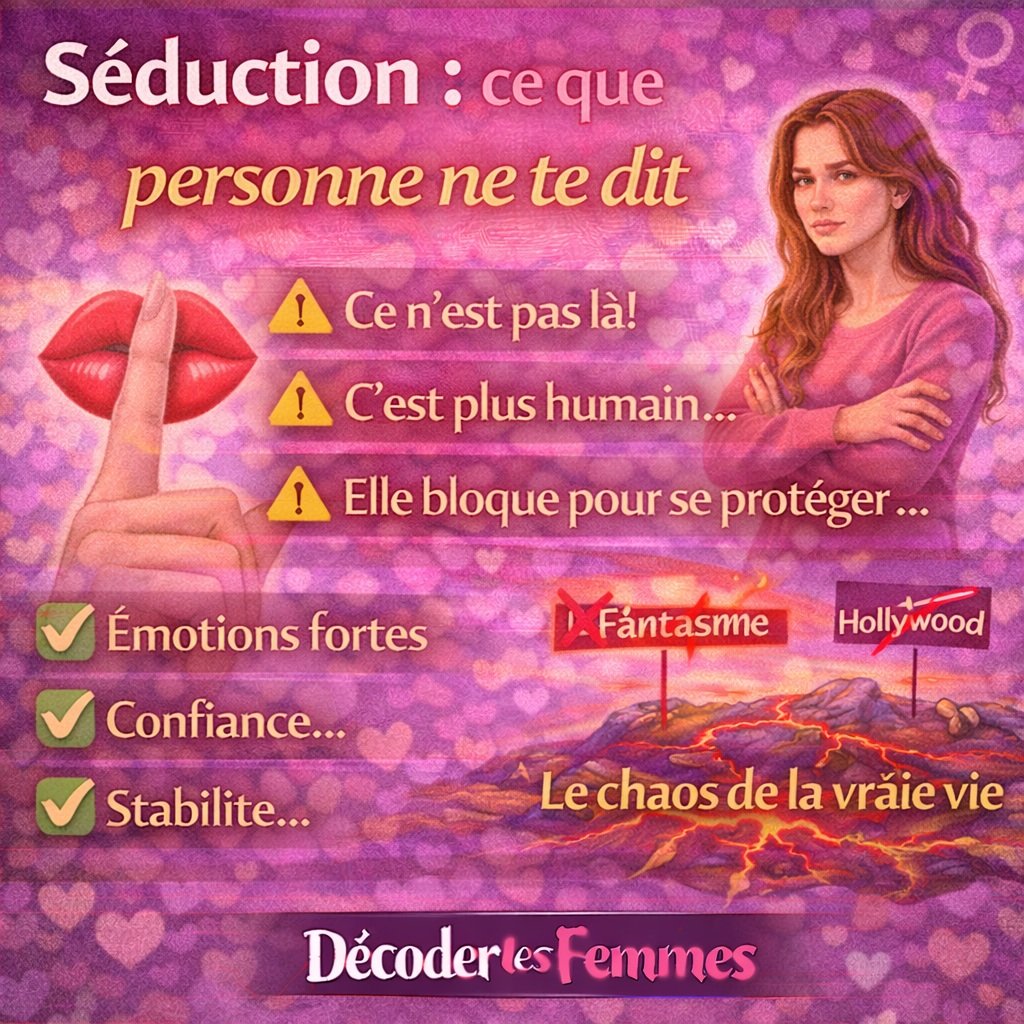 Illustration expliquant ce que personne ne dit sur la séduction : émotions, confiance et réalité des relations homme-femme.