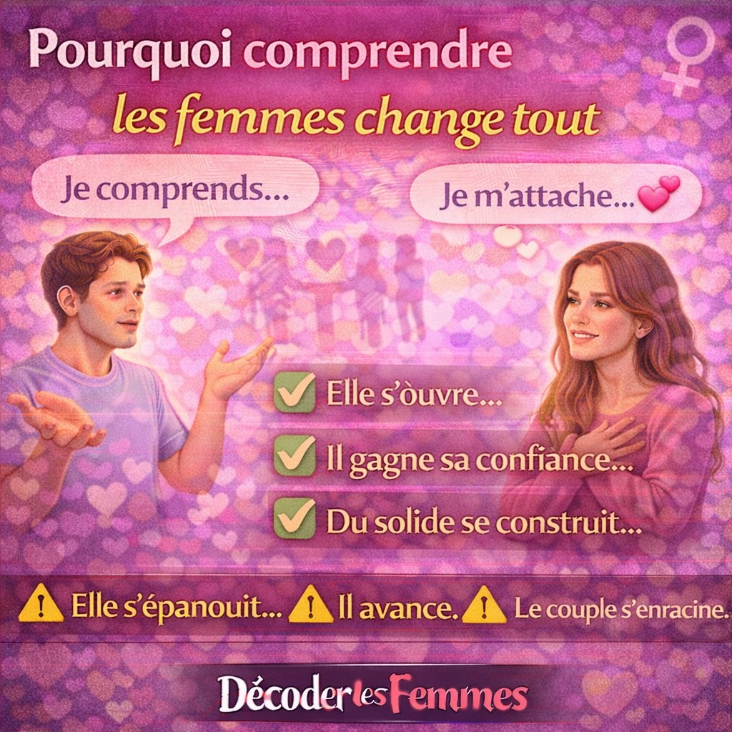 Illustration montrant pourquoi comprendre les femmes renforce la confiance, favorise l’attachement émotionnel et permet de construire une relation stable et durable.