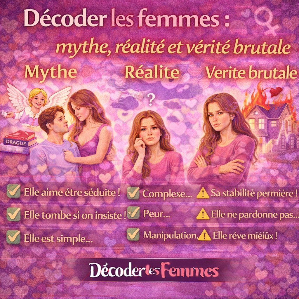Illustration comparant les mythes, la réalité et la vérité brutale sur la psychologie féminine et les relations homme-femme.