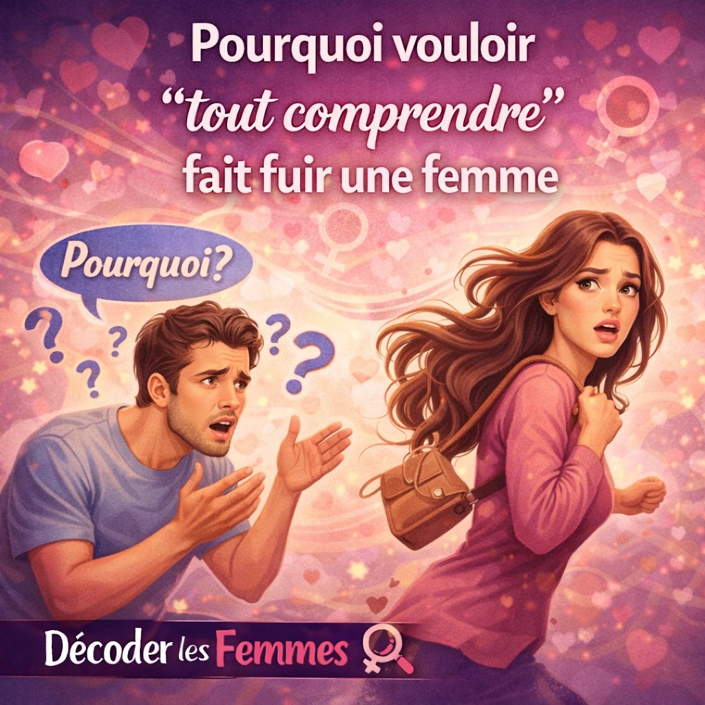 Illustration d’une femme qui s’éloigne tandis qu’un homme cherche à tout comprendre dans une relation.