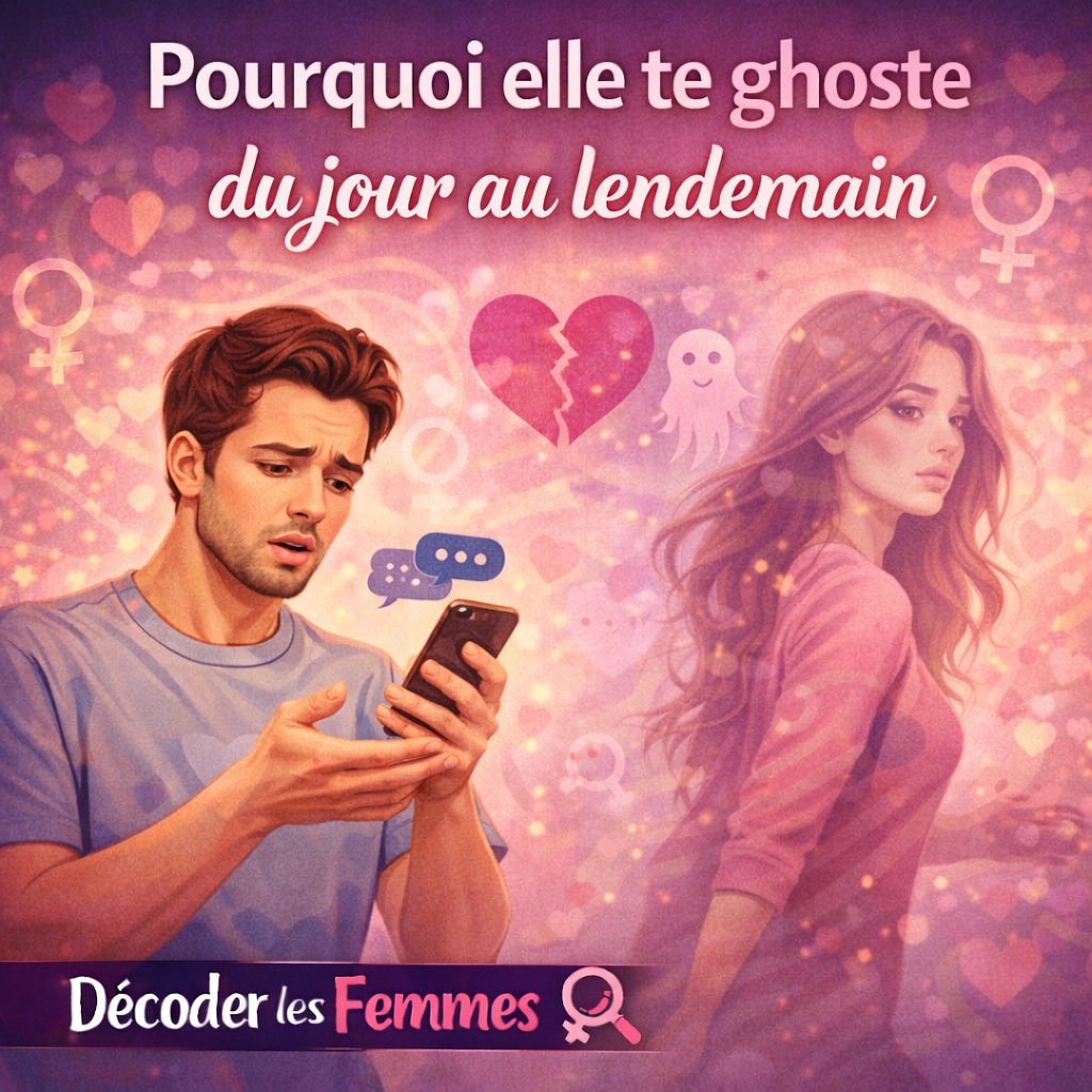 Homme regardant son téléphone pendant qu’une femme l’ignore, illustrant le ghosting dans une relation amoureuse